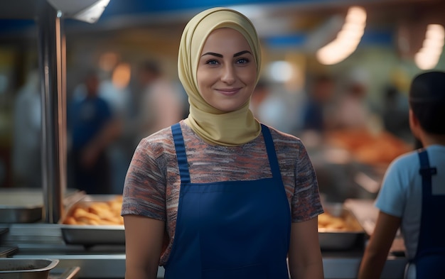 Een vrouwelijke werknemer die glimlacht voor de winkel in een wazige achtergrond Lokale zakenvrouw concept