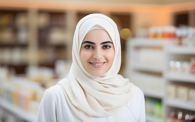 Een vrouwelijke werknemer die glimlacht voor de winkel in een wazige achtergrond Lokale zakenvrouw concept