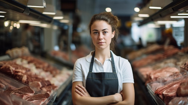 een vrouwelijke werknemer staat voor een plank met rauw vlees Slager werkt in een moderne slagerij