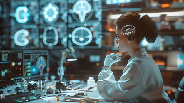 Foto een vrouwelijke wetenschapper die een labjas en een headset draagt, werkt aan een project in een futuristisch laboratorium vol computers en schermen met verschillende beeldschermen.