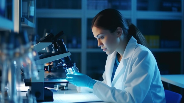 een vrouwelijke wetenschapper kijkt door een microscoop