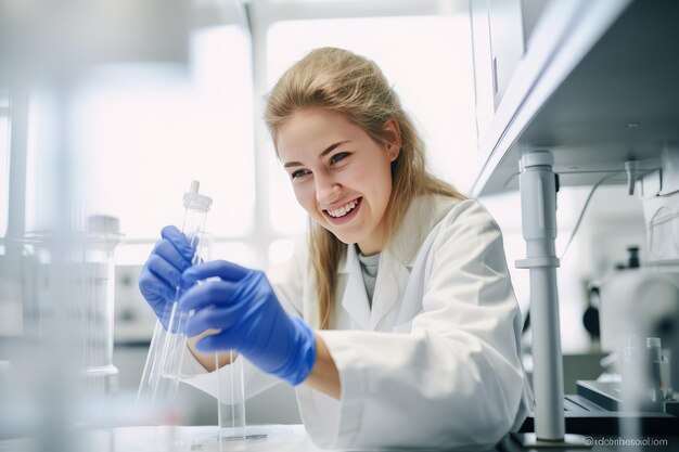 Een vrouwelijke wetenschapper werkt aan een glazen buis in een laboratorium