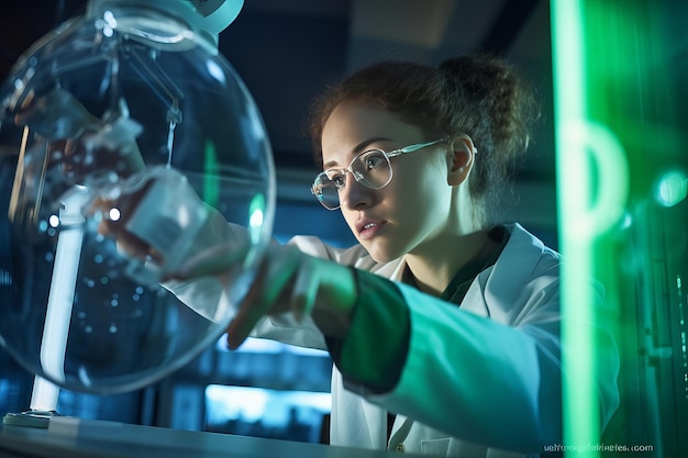 Een vrouwelijke wetenschapper werkt aan een glazen buis in een laboratorium