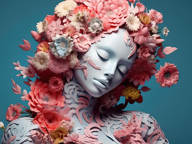 een vrouwengezicht bedekt met bloemen in de stijl van papierknipsels