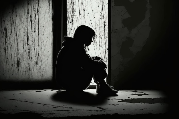 Een vrouwensilhouet zittend op de vloer in een donkere kamer die zich verdrietig voelt