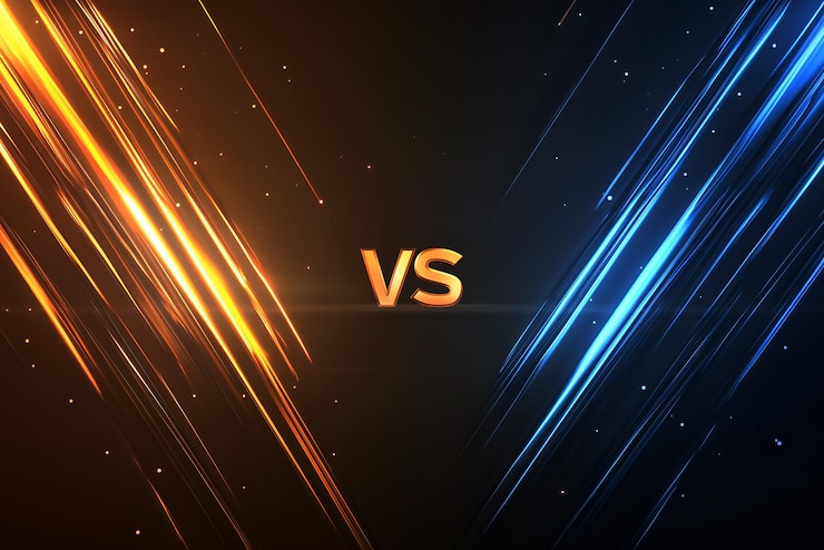 Foto een vs-concept met oranje en blauwe lichte strepen die concurrentie of vergelijking symboliseren