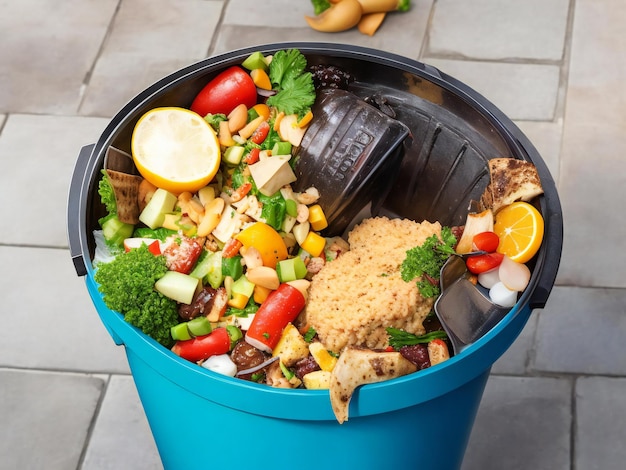 Een vuilnisbak met ongebruikt voedsel wordt geproduceerd
