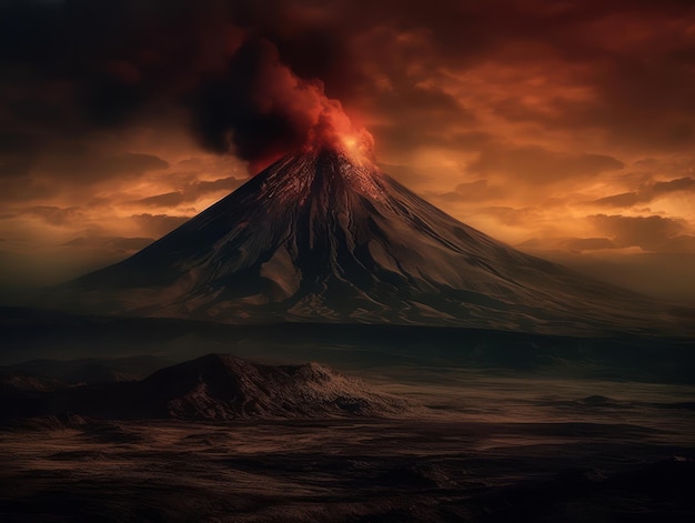 Foto een vulkaan met een rode lava die uit de top oprijst