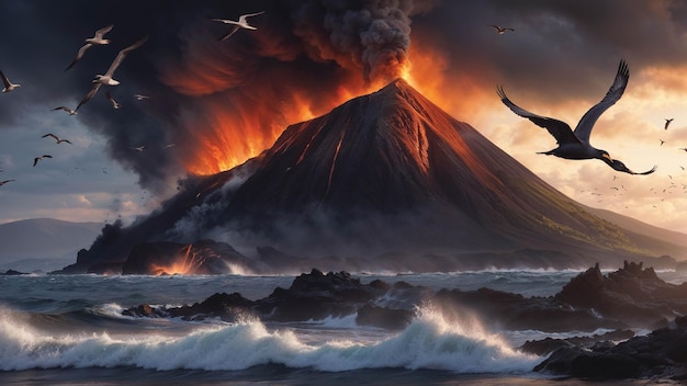 een vulkaan met een vlammend eiland op de achtergrond