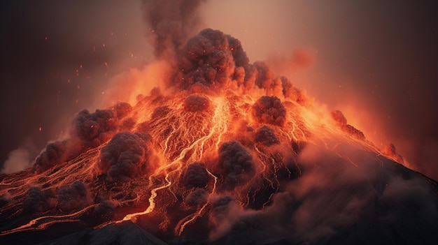 Een vulkaan met een wolk lava en de woorden vulkaan erop