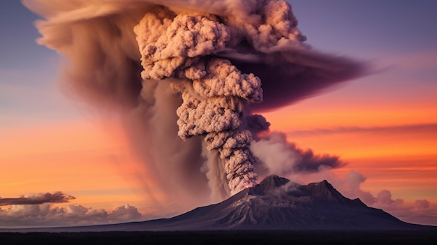 Een vulkaanuitbarsting met een torenhoge rookpluim en as die de lucht in stijgt
