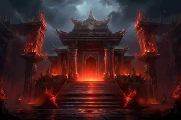 Foto een vurige tempel met een rood vuur in het midden.