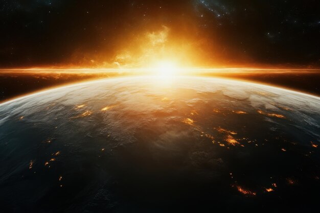 Een vurige zonsopgang over een planeet met een gloeiende stad skyline