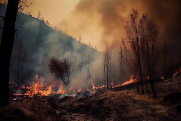 Een vuur brandt in de bergen met de bomen op de voorgrond.