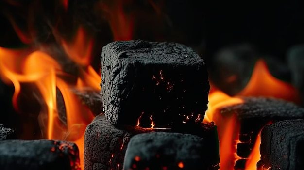 Een vuur brandt in een open haard met de woorden steenkool op het vuur.