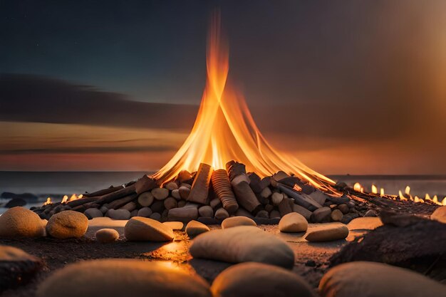 Foto een vuur brandt voor een vuur bij zonsondergang.