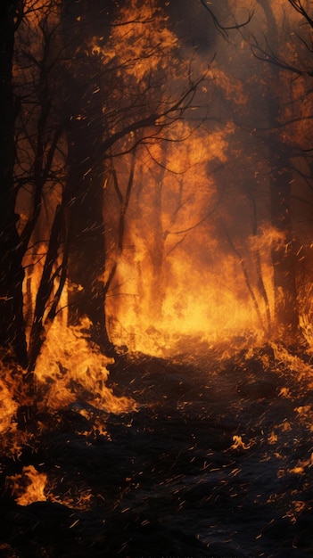 Een vuur dat door een bos vol bomen brandt.