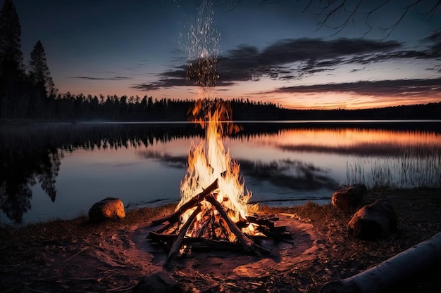 Een vuur dat fel brandt in de buurt van een sereen meer, waarbij de vlammen de donkere nacht verlichten, creëert een visueel boeiend en gezellig beeld dat een gevoel van warmte en comfort oproept AI