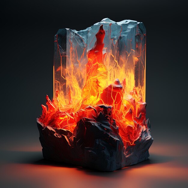 een vuur dat in een kubus brandt met vlammen en een stuk blauw materiaal
