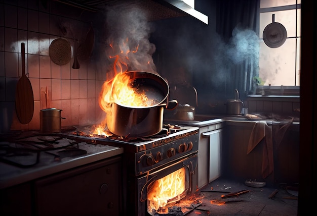 Een vuur in een keuken brandt in brand.