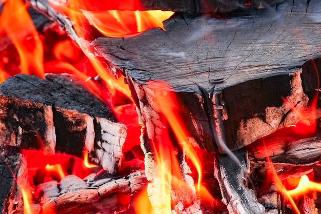 Een vuur met kolen en vuur op de achtergrond van de natuurpicknick. Verbrandt een vreugdevuur voor eten op straat