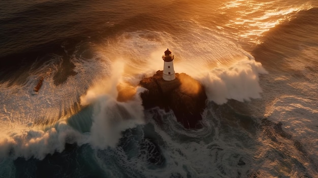 Een vuurtoren in de oceaan met golven op de rotsen