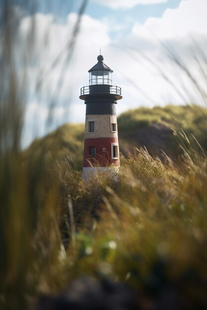 Een vuurtoren in het gras