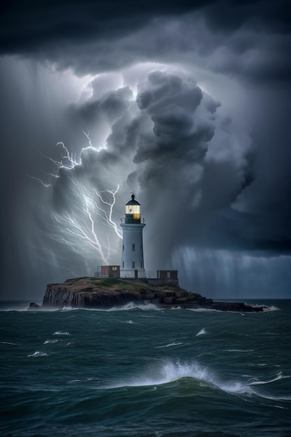 Foto een vuurtoren met een storm op de achtergrond