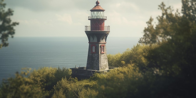 Een vuurtoren op een heuvel met de oceaan op de achtergrond.