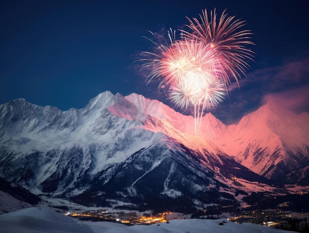 een vuurwerk met bergen op de achtergrond