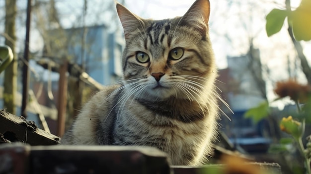 Een waakzame kat die de gegenereerde AI in de achtertuin in de gaten houdt