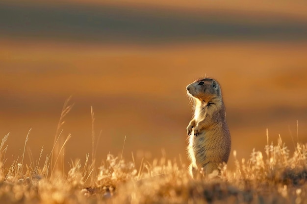 Een waakzame prairiehond staat op de wacht bij zonsondergang