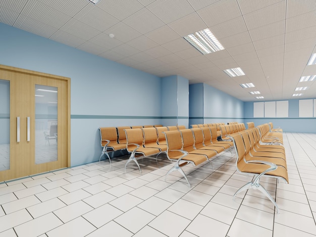 Een wachtkamer in de kliniek met oranje stoelen en lichtblauwe muren en witte vloeren 3d-rendering