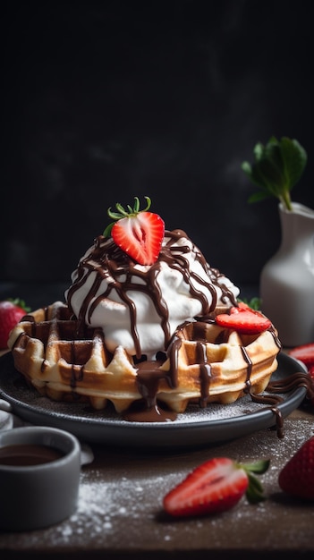 Een wafel met chocolade en aardbeien erop.