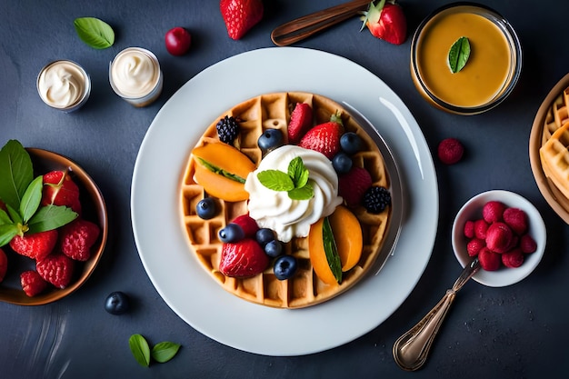 Een wafel met fruit erop en een bakje room.