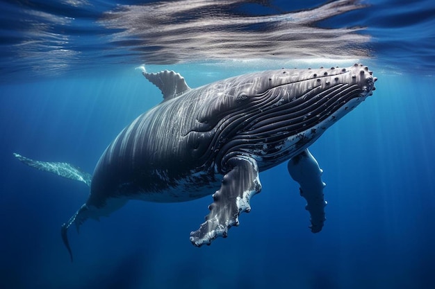 een walvis die onder water zwemt met een walvis op de achtergrond