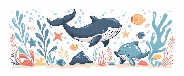 Een walvis en andere zeedieren zwemmen in de oceaan