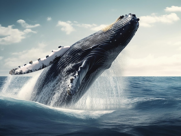 Een walvis springt uit het water voor een bewolkte hemel.