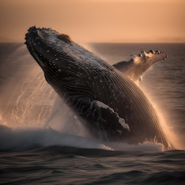 Een walvis springt uit het water voor een zonsondergang.