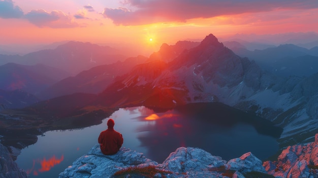 Een wandelaar die getuige is van een adembenemende zonsondergang over het bergachtige landschap en het reflecterende meer