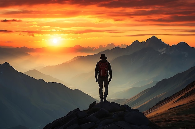 Een wandelaar die op de top van een berg staat en naar de zonsondergang kijkt.