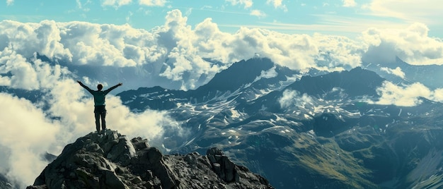 Een wandelaar staat zegevierend op een rotsachtige afgrond met zijn armen omhoog om te vieren dat hij de top van een majestueuze, met wolken bedekte bergketen heeft bereikt