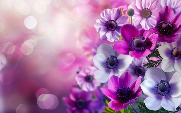 Foto een wandtapijt van anemonen in tinten van paars en wit baden in een dromerig roze licht dit beeld vangt de essentie van bloemen harmonie en lente zaligheid het geeft een serene maar levendige sfeer