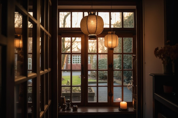 Een warm en uitnodigend licht schijnt door een raam met aan de binnenkant lantaarns