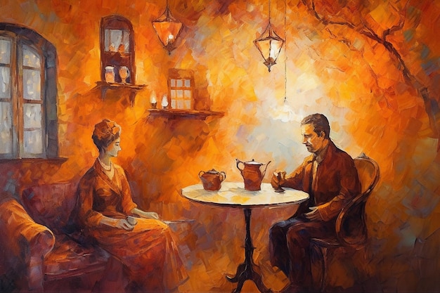 Een warme avond in het café Een abstract schilderij in oranje tinten