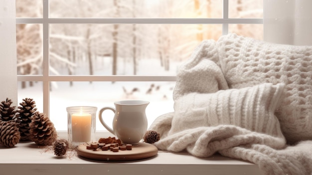 een warme deken en een kop koffie seizoensgebonden gezelligheid met zachte gekleurde kaneel en kegels in de context van een gezellig huis dat het hygge-concept omarmt