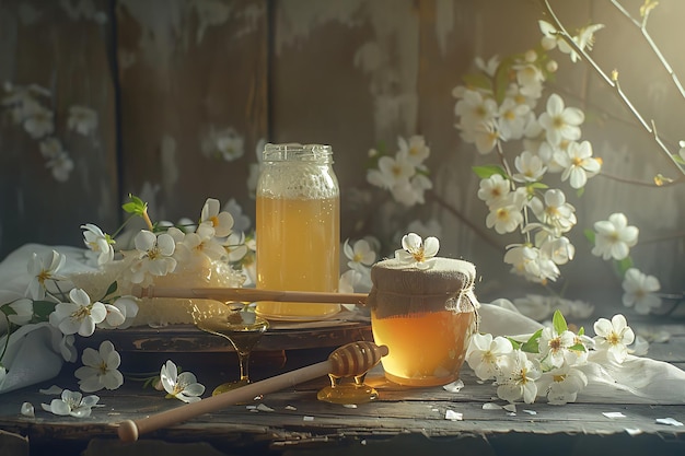 een warme en rustieke stillevenscène met twee potten gouden honing