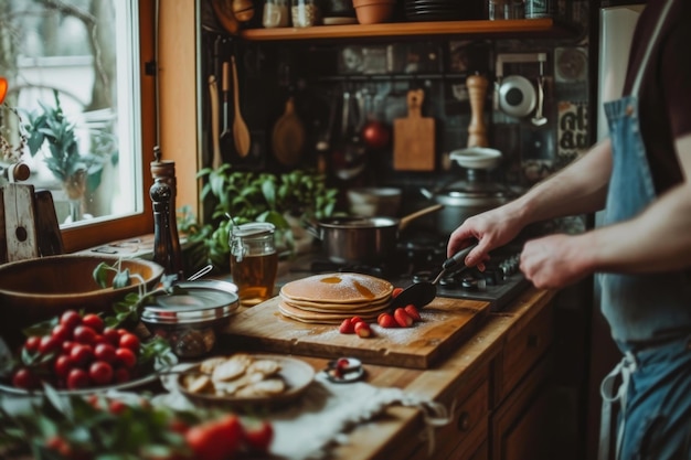 Foto een warme keukenscene geeft het eenvoudige plezier van het maken van ontbijt weer