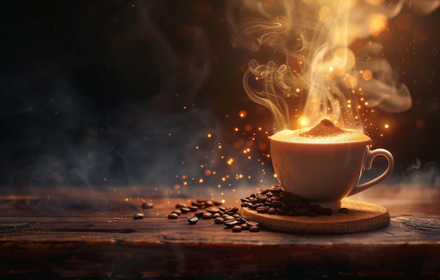Een warme, uitnodigende kop koffie stoomt op een rustieke houten tafel te midden van verspreide koffiebonen met een bokeh-licht achtergrond