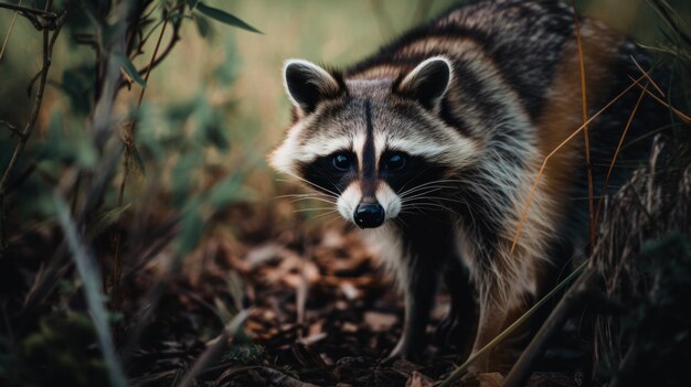 Een wasbeer die in het bos staat en naar het generatieve ai-beeld van de camera kijkt